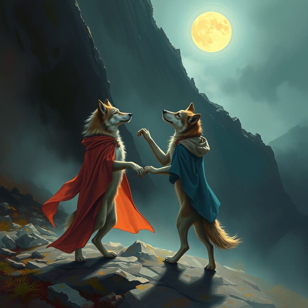 Wolf and Dog Dance in Moonlight: Ethereal Fantasy Art