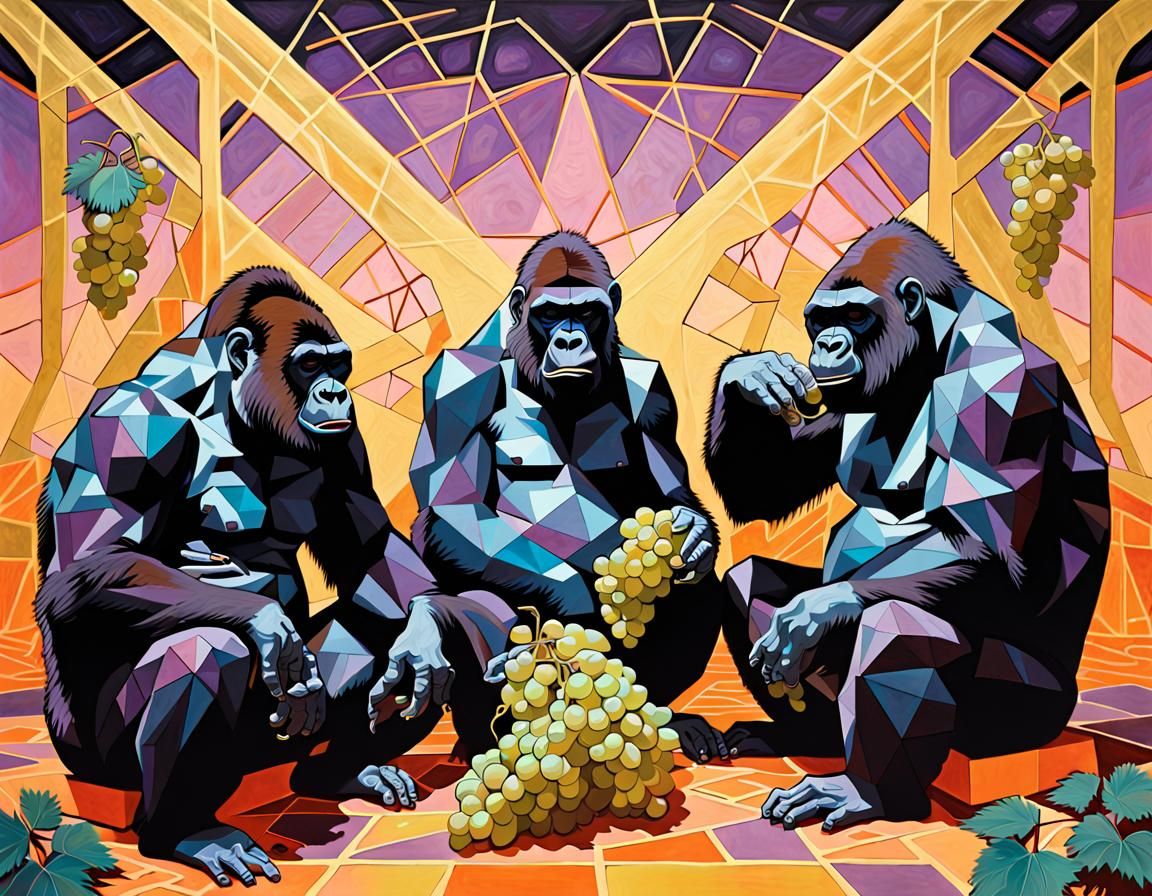 Gorillas Gulping Grapes in Geometric Abstract Style