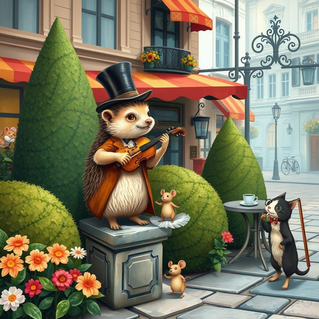 Whimsical City Square Scene with Hedgehog Violinist and Danc...