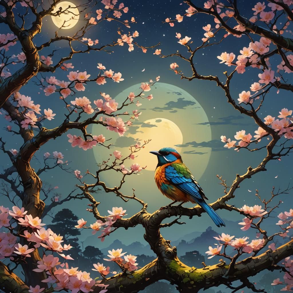 Colorful Bird on Bonsai Tree: Watercolor Concept Art