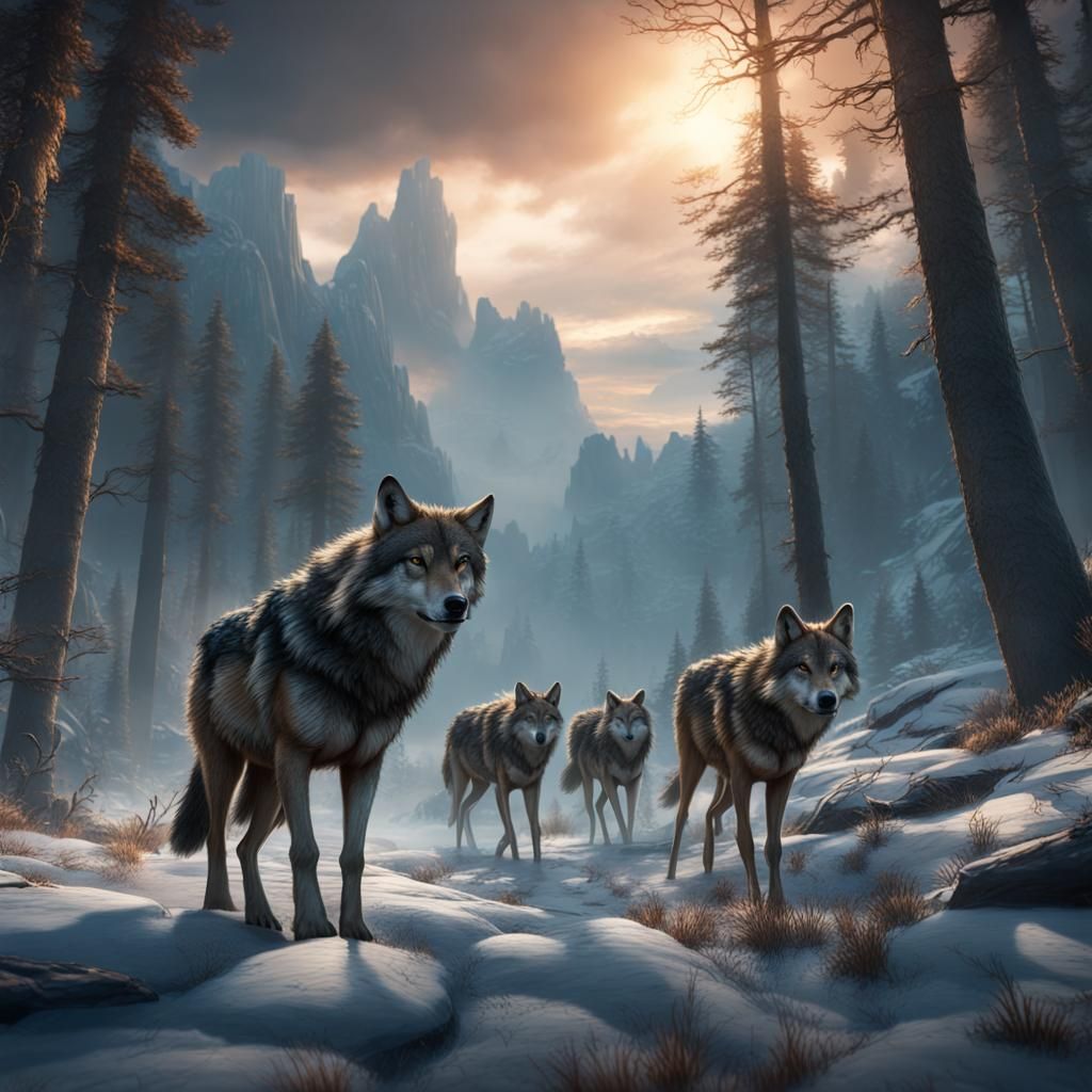 Wolf Pack Hunting Deer: Fantasy Concept Art