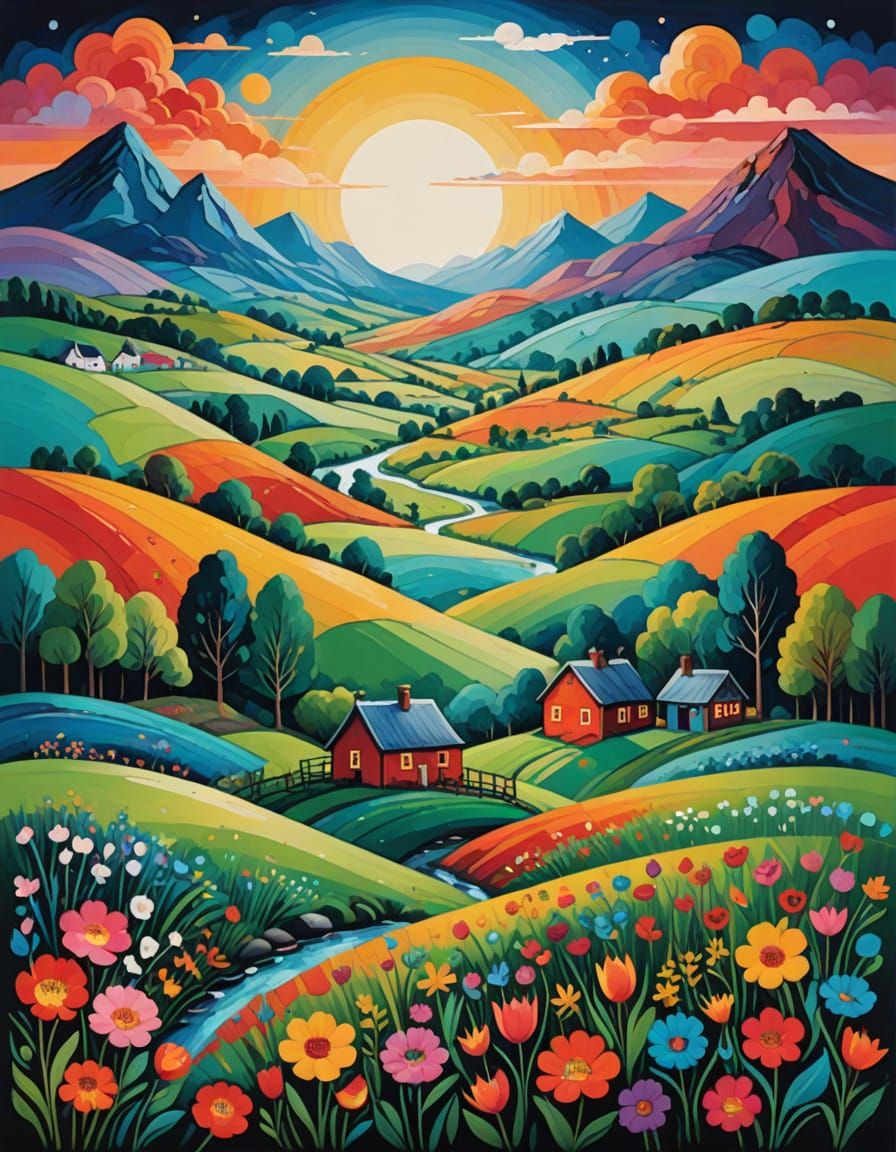 Dreamlike Landscape in Folk Art Style