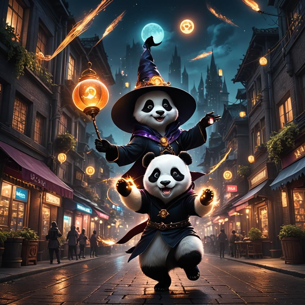 Panda Witch Teleporting in City: Fantasy Concept Art