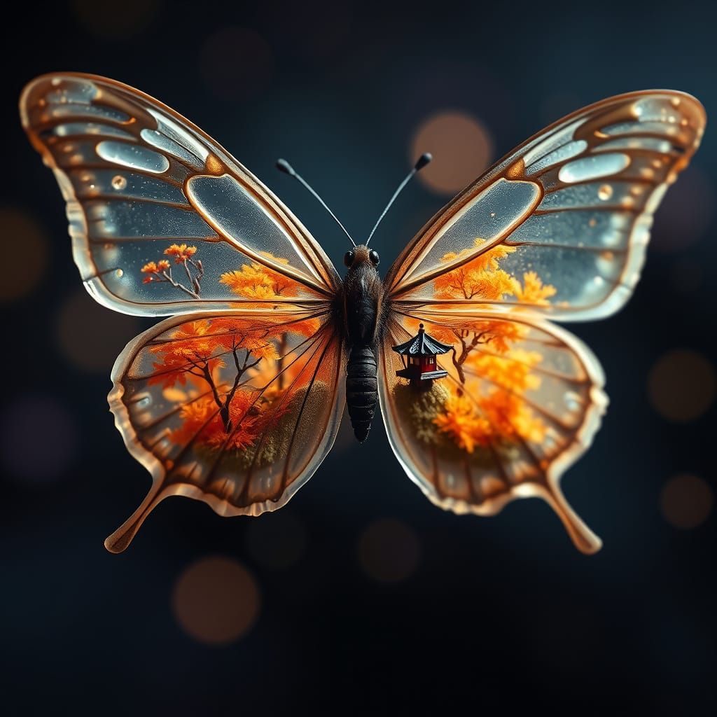 Glass-Like Butterfly with Miniature Autumnal Forest