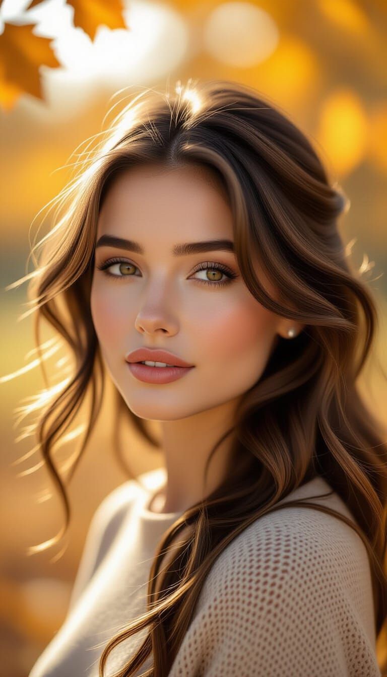 Woman in Autumn Light with Falling Leaves