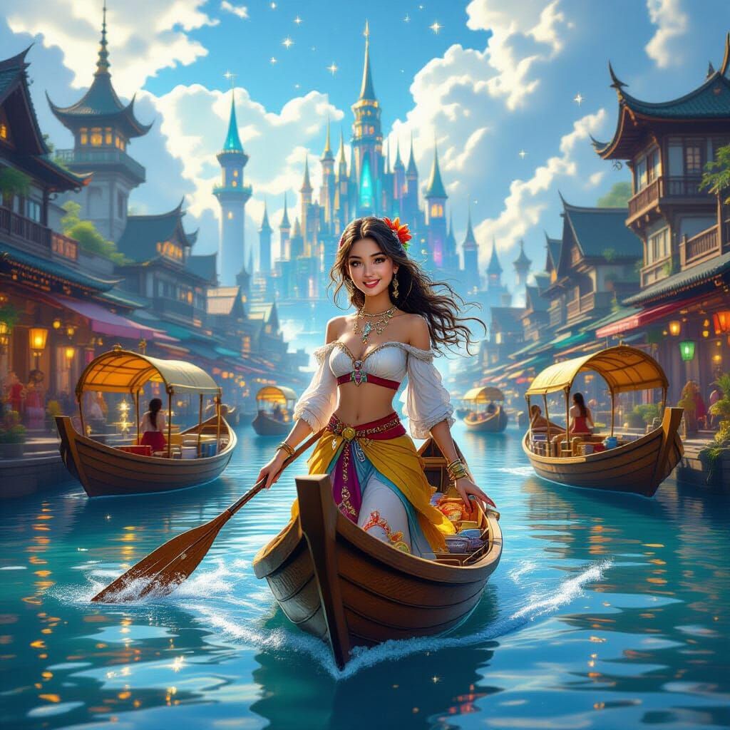 Young Woman Navigates Cloud River Floating Market