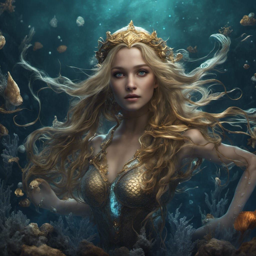 Underwater Mermaid with Golden Hair, Digital Art