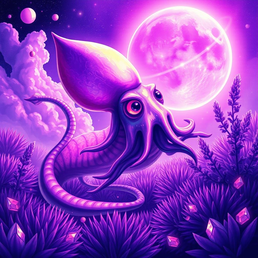 Iridescent Purple Squid-Dragon in Surreal Dreamscape