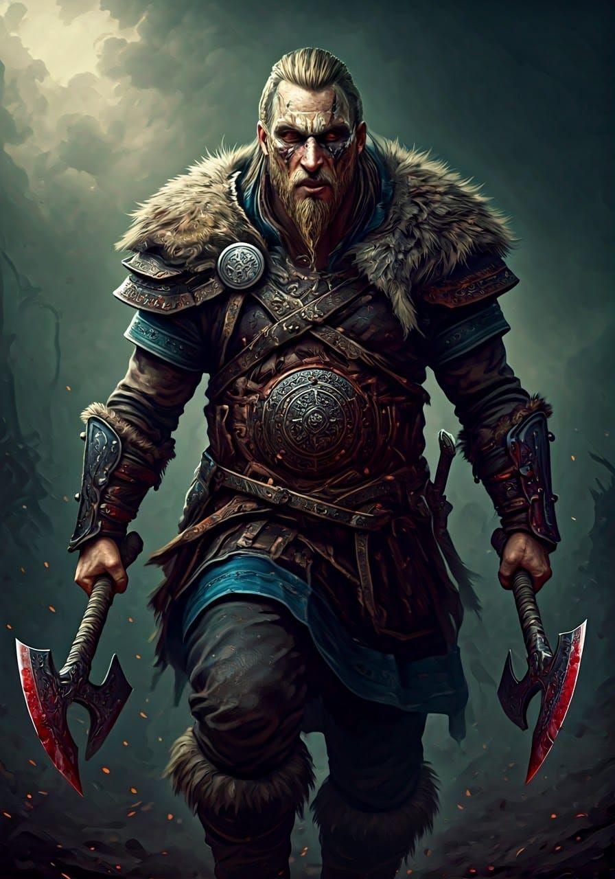 Viking Berserker Charging with Axes in Fantasy Style