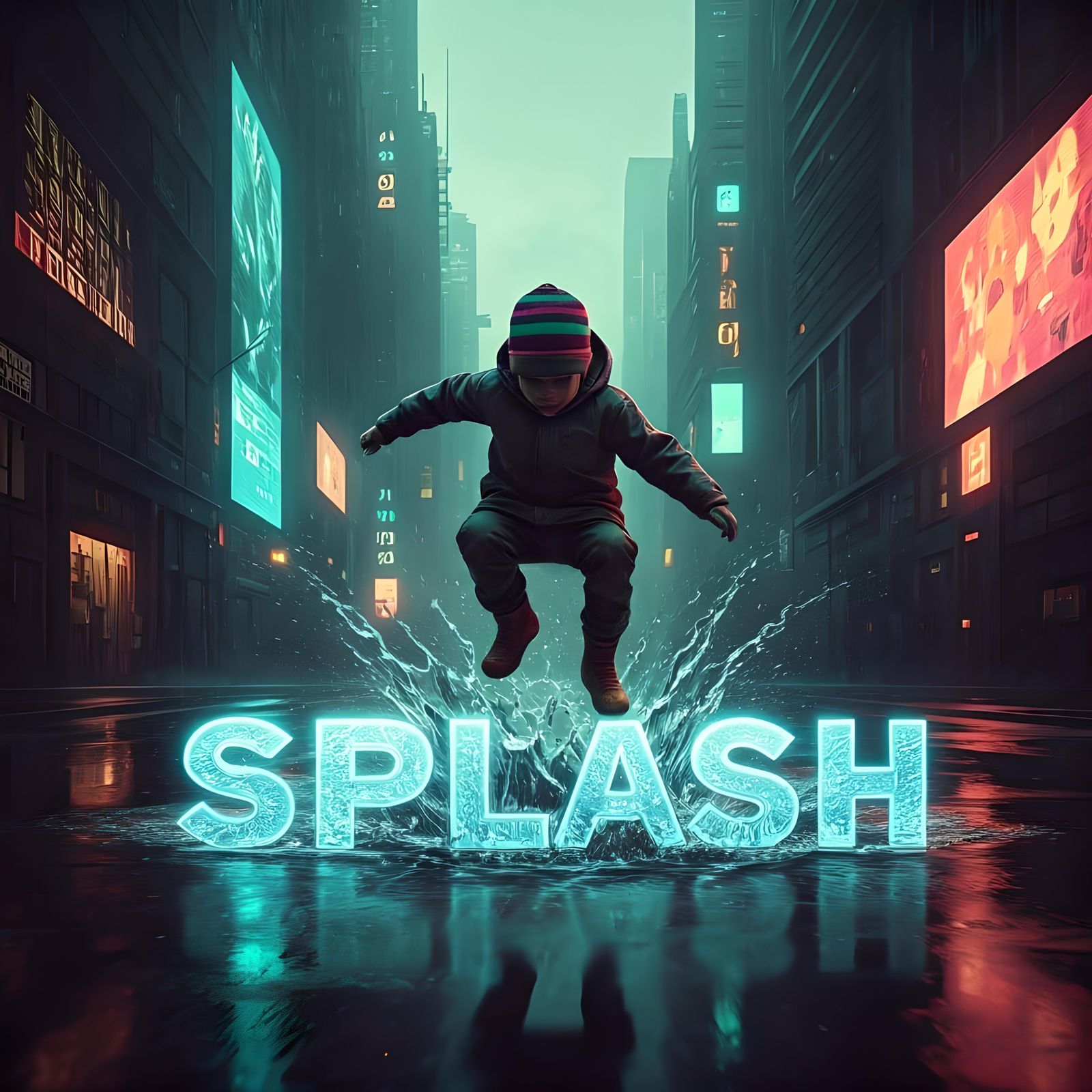 Cyberpunk Child's Puddle Creates Neon Splash