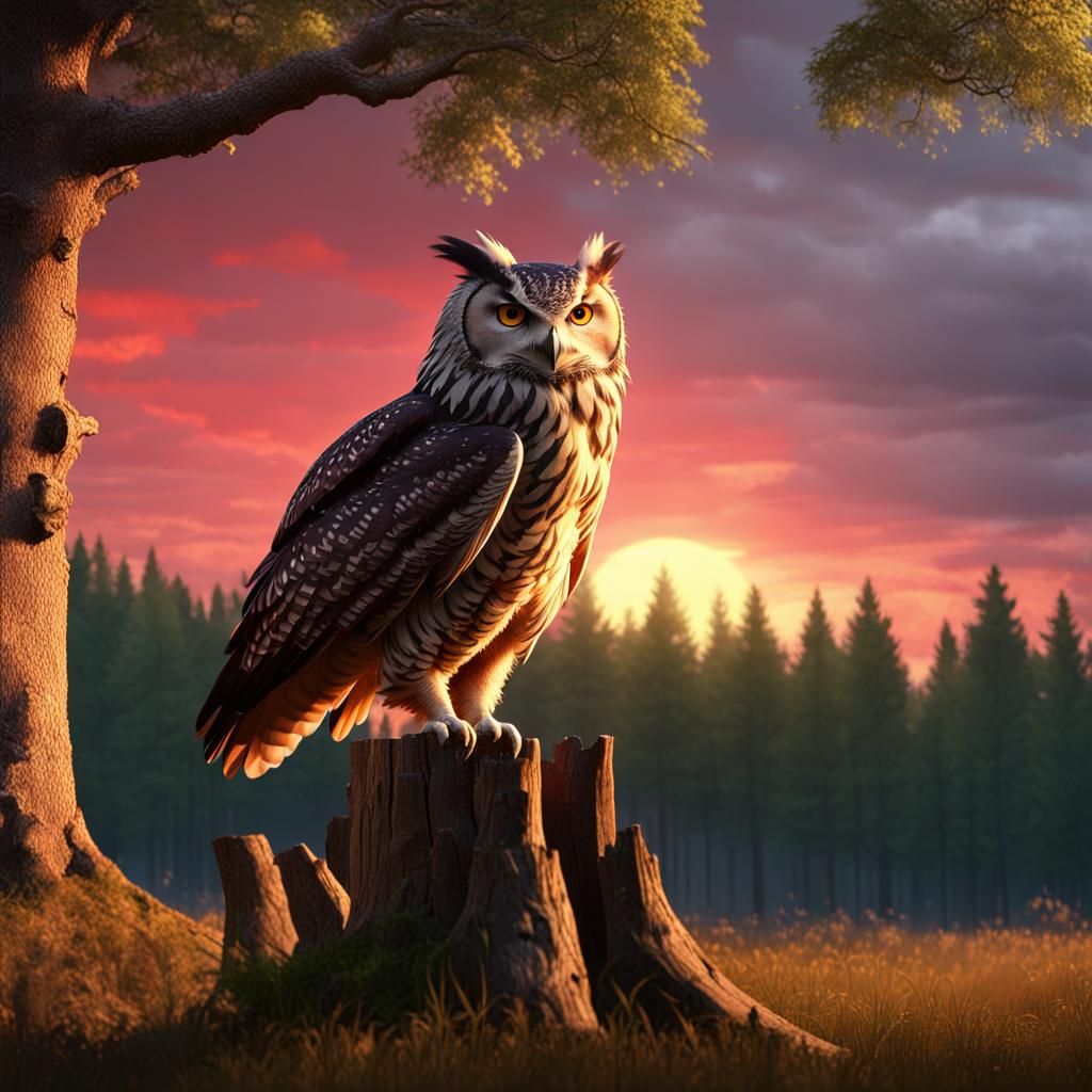 Gigantic Eagle Owl in Forest Clearing: Photorealistic Matte ...