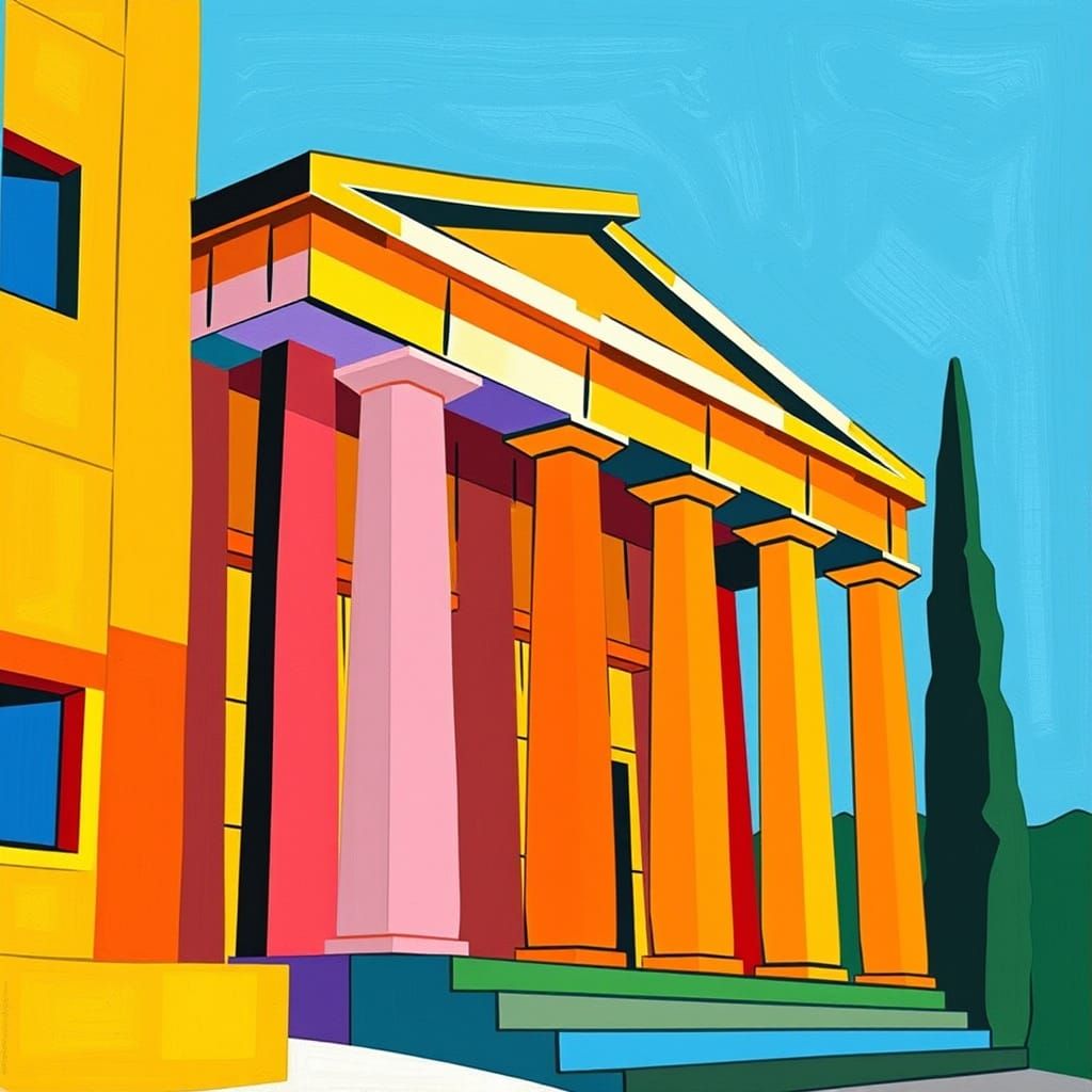Angular Greek Architecture in Vibrant Post-Impressionist Sty...