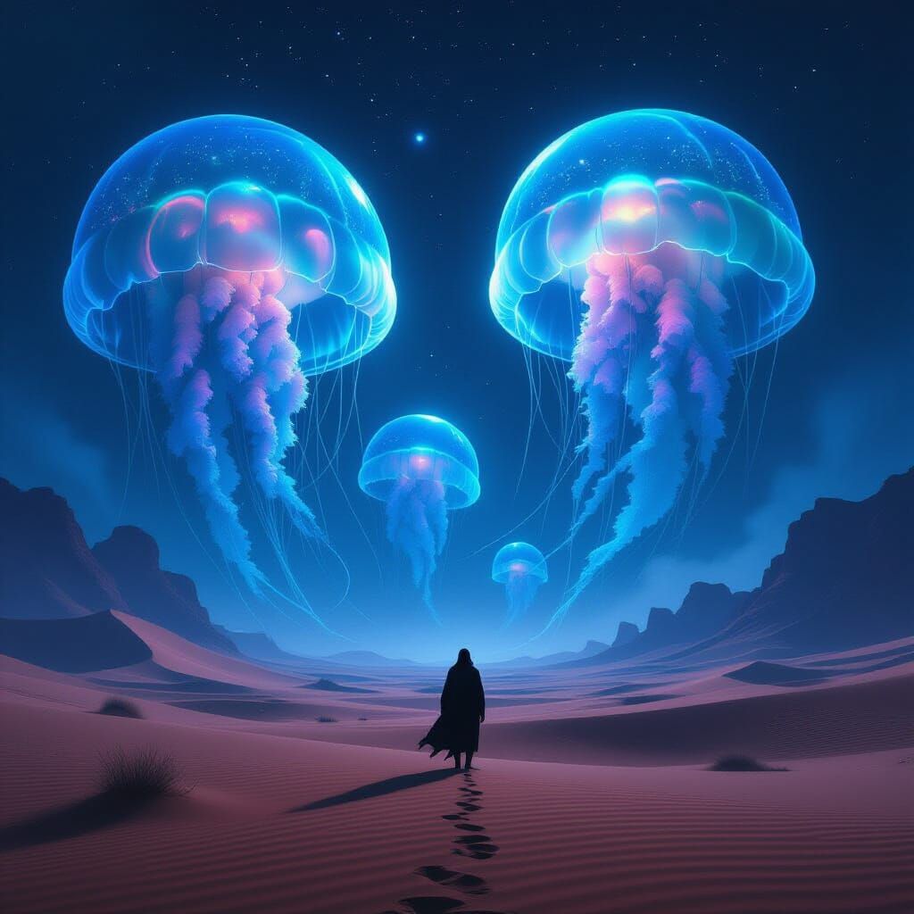 Alien Desert Wanderer with Bioluminescent Jellyfish