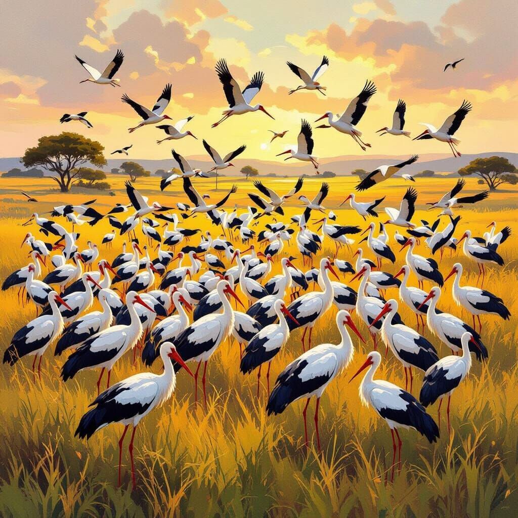 Storks in African Savannah with Golden Lighting
