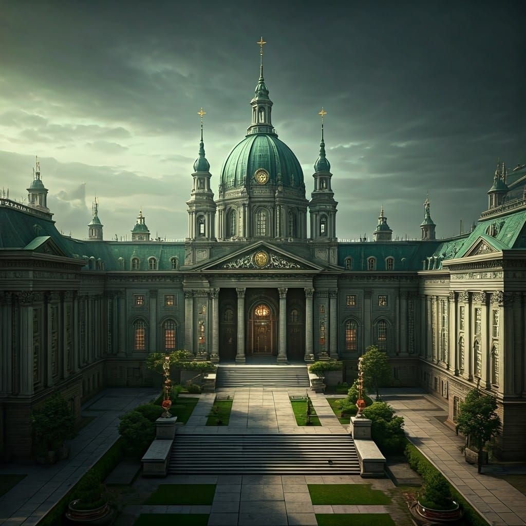 Surreal Green Academia Campus in Classicist Style with Game....