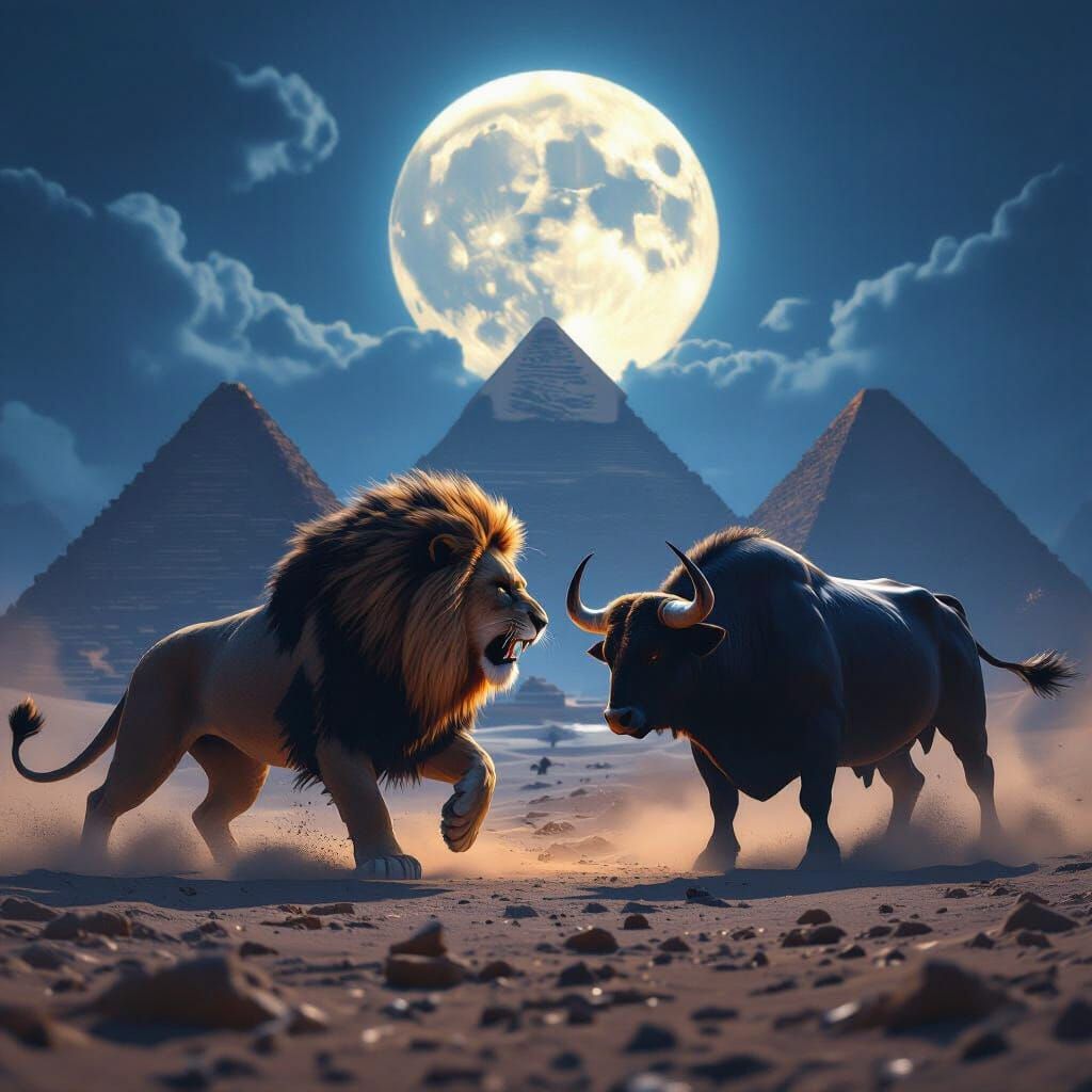 Lion vs Bull Battle Pyramids Full Moon Fantasy Art