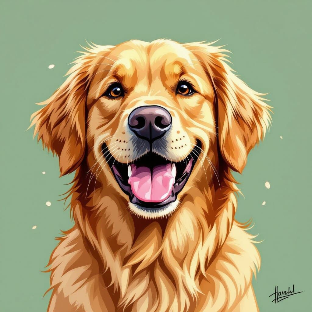 Golden Retriever Caricature With Exaggerated Smile
