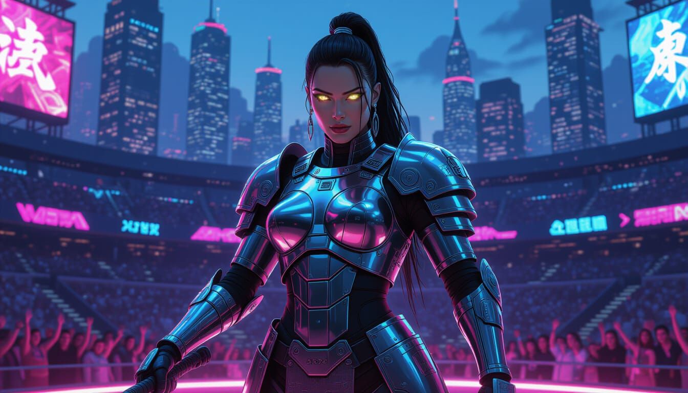 Victorious Android Gladiator in Neon Cyberpunk Arena