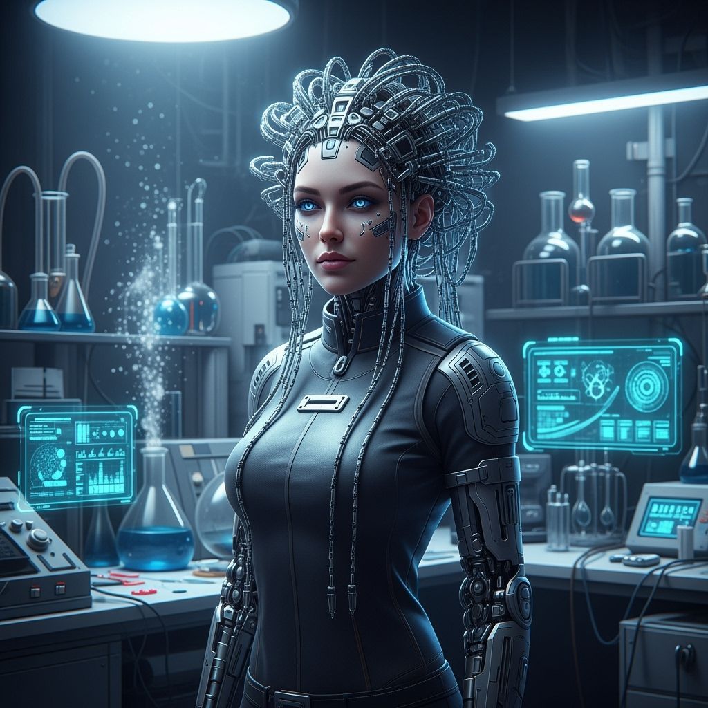 Android Woman with Cybernetic Implants in Futuristic Lab