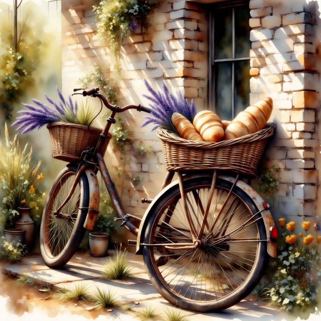 Antique Watercolor Bicycle with Bread and Lavender