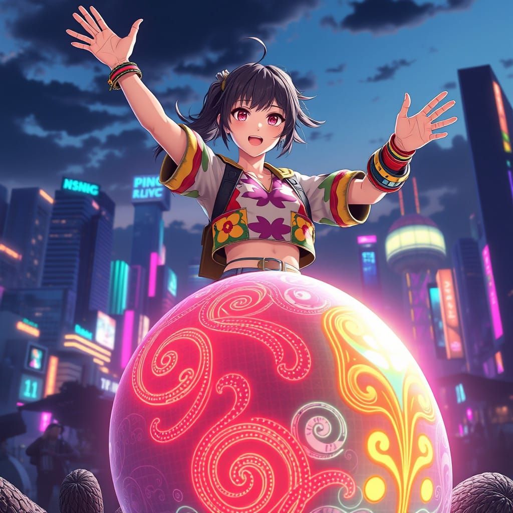 Energetic Woman Celebrates in Neon-Lit Cityscape with Glowin...