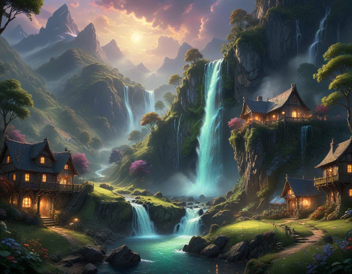 Waterfall Giant Floods Village in Ethereal Fantasy Style