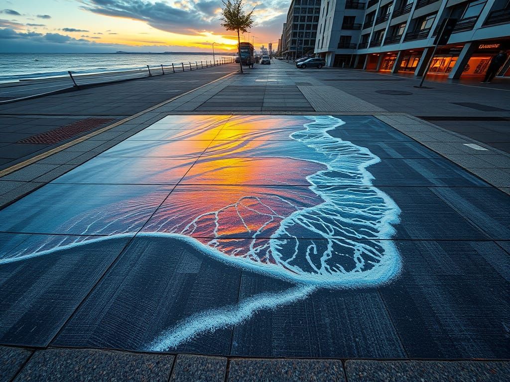 Hyperrealistic City Pavement with Optical Illusion Wave