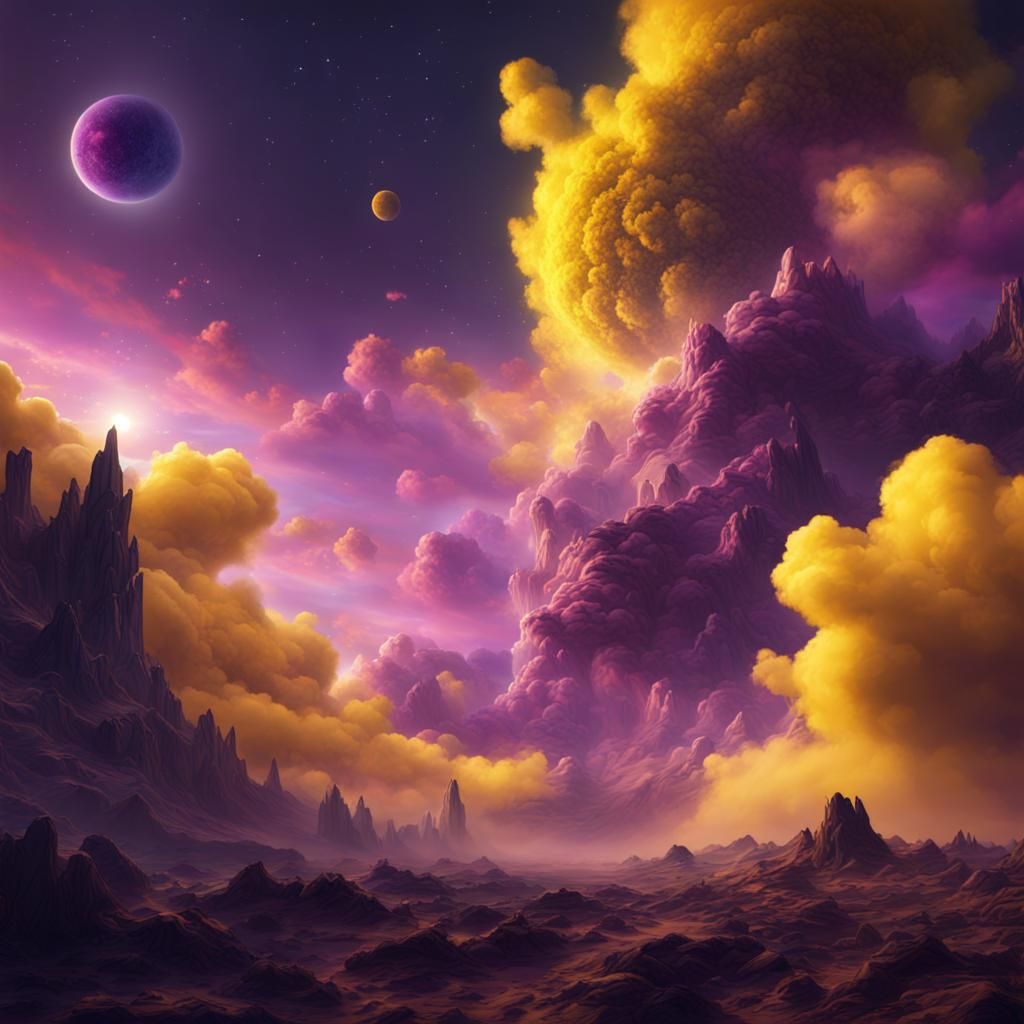 Cosmic Sky with Yellow and Purple Clouds