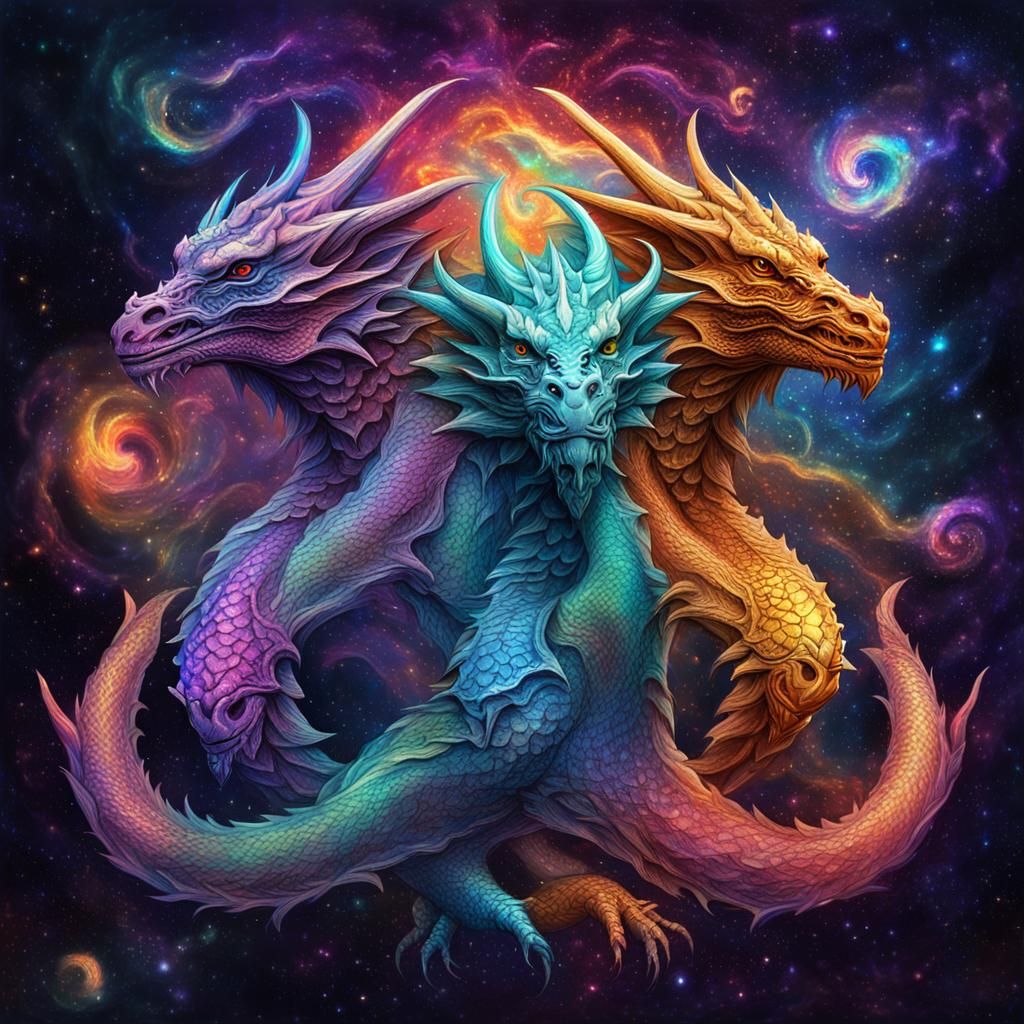 Holographic Three-Headed Dragon in Astral Cosmic Art
