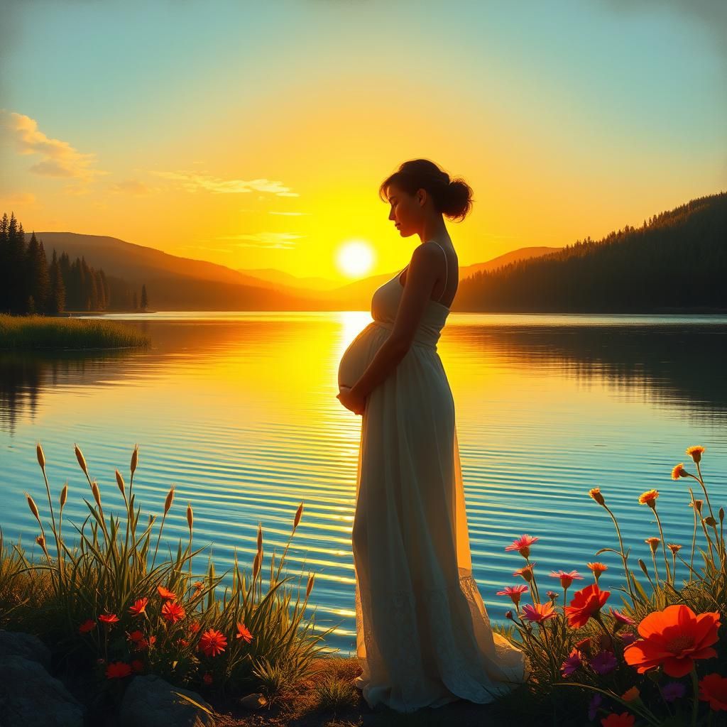 Pregnant Woman Silhouette at Sunset with Golden Light