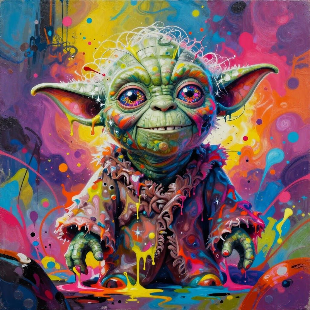 Yoda Grinning in Psychedelic Melting Landscape