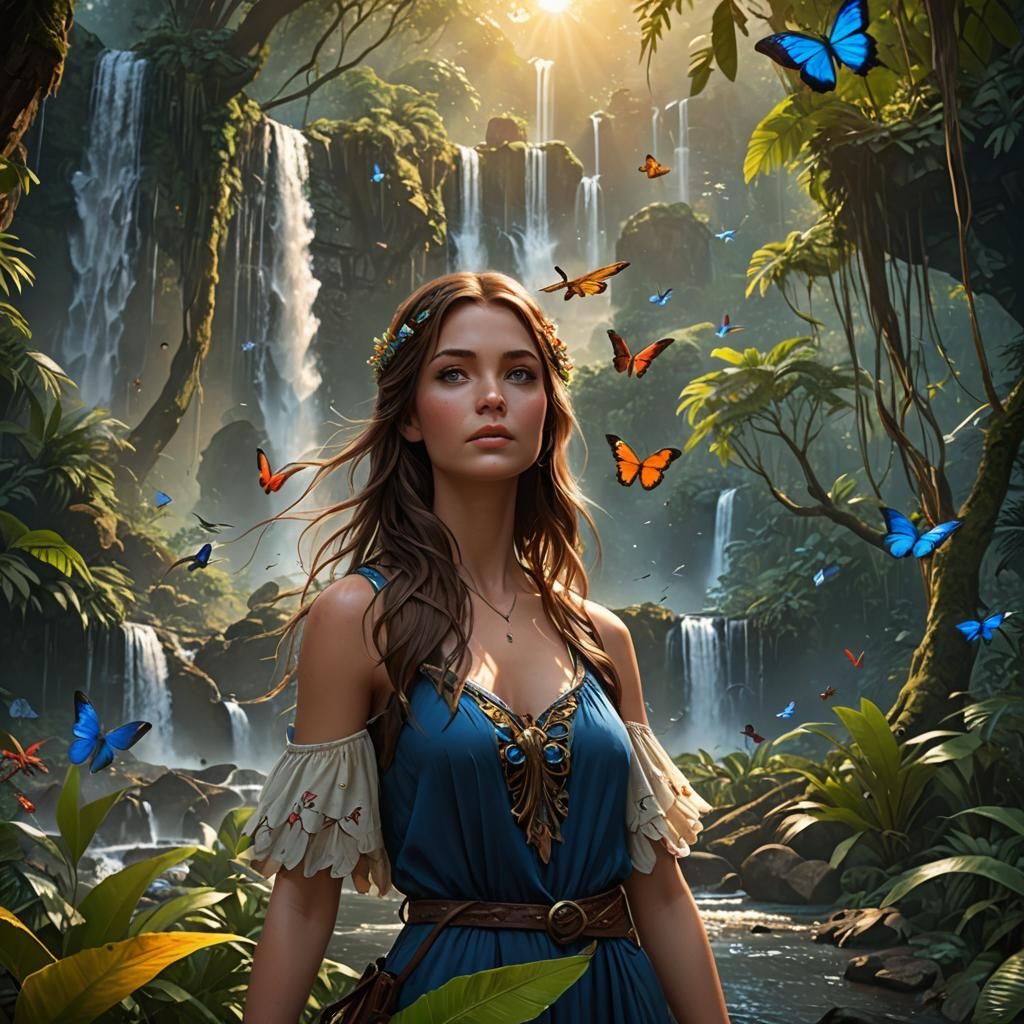 Teen Girl at Jungle Waterfall, Fantasy Concept Art