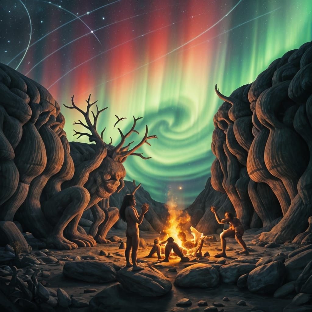 Neanderthal Ritual Under Cosmic Aurora in Primitivism Style