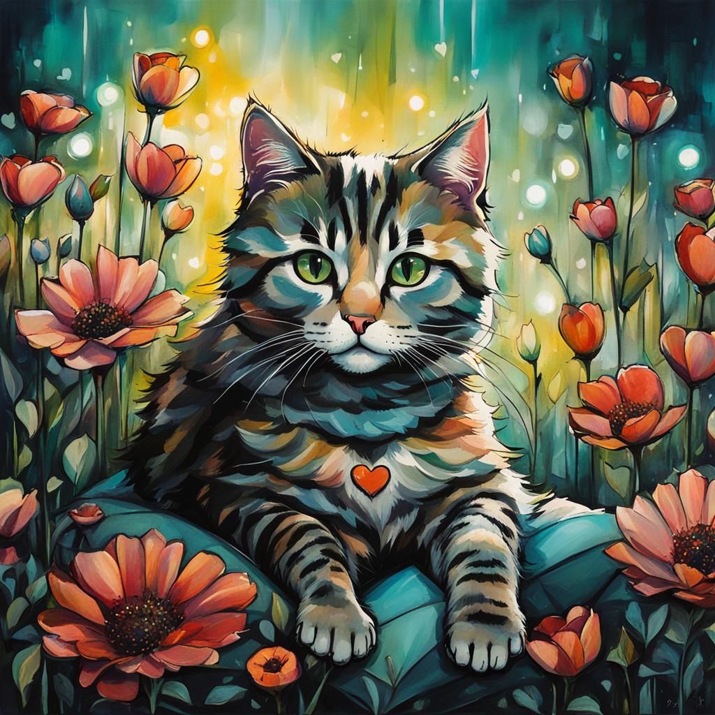 Cat Surrounded by Flowers in Street Art Style