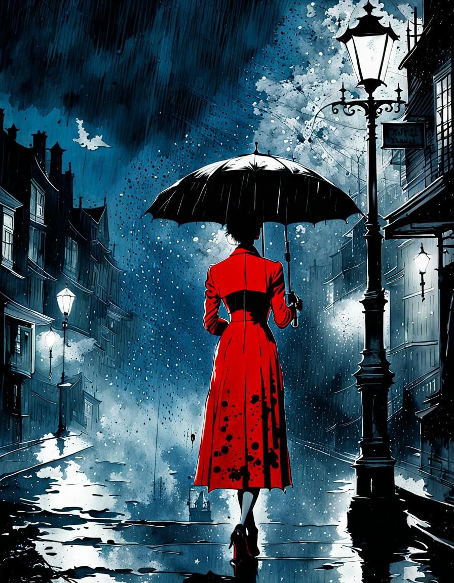 Film Noir Woman in Red Under Streetlight