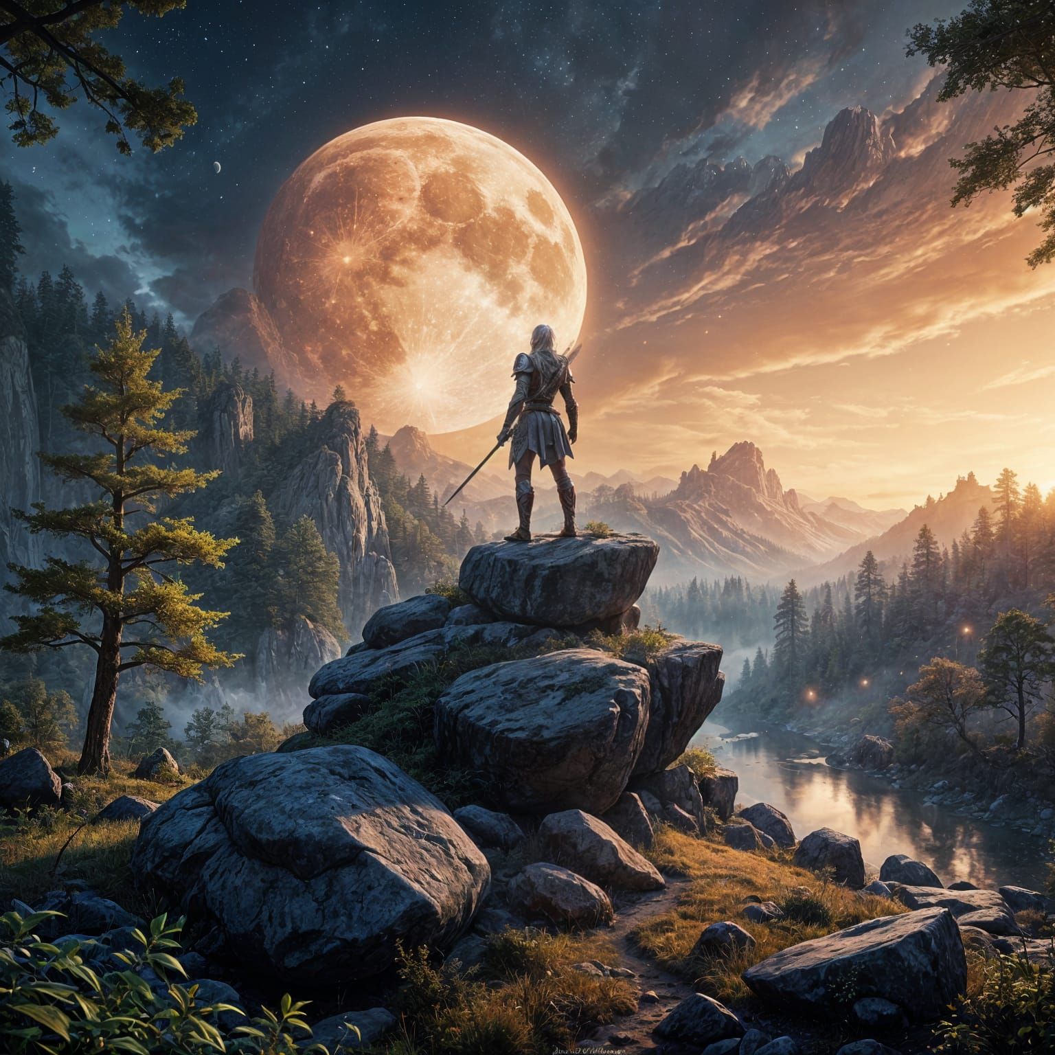 Moonlit Elf Warrior in Dark Fantasy Landscape