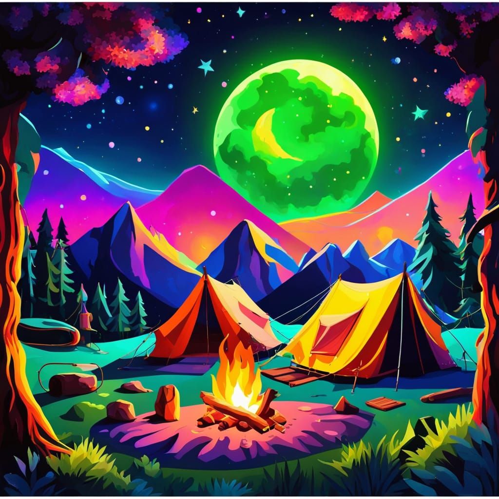 Night Camping Scene in Impressionistic Oil Painting