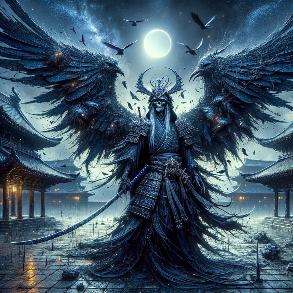 Ghostly Samurai with Crow Wings in Dark Fantasy Scene