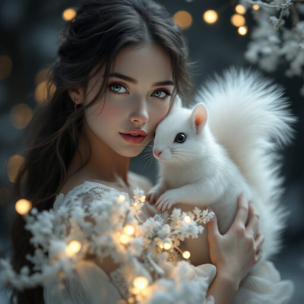 Hyperrealistic Portrait of a Young Woman with a White Squirr...