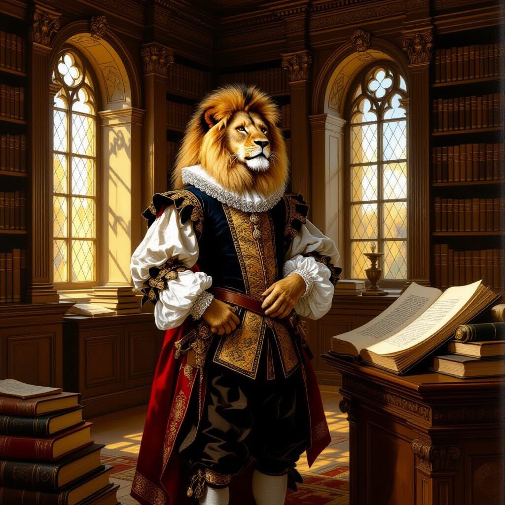 Renaissance Lion in Grand Library Oil Painting