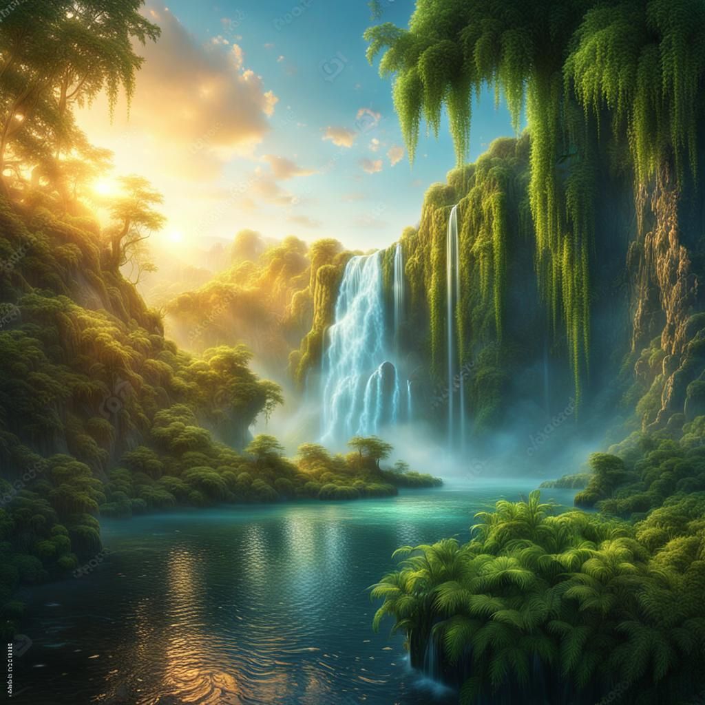 Sunrise Waterfall and Lake Panoramic Digital Painting