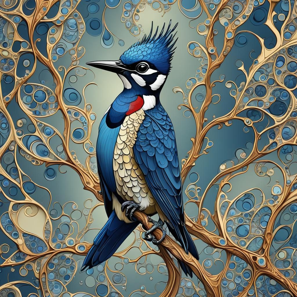 Abstract Blue Headed Woodpecker with Fractal Elements