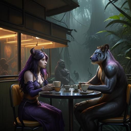 Jungle Animals Enjoying Tea: Dark Fantasy Art