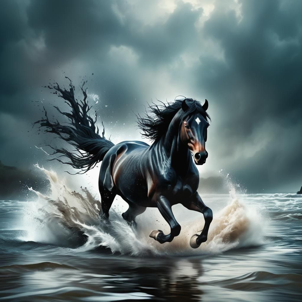 Black Horse Running Through Water: Epic Digital Art