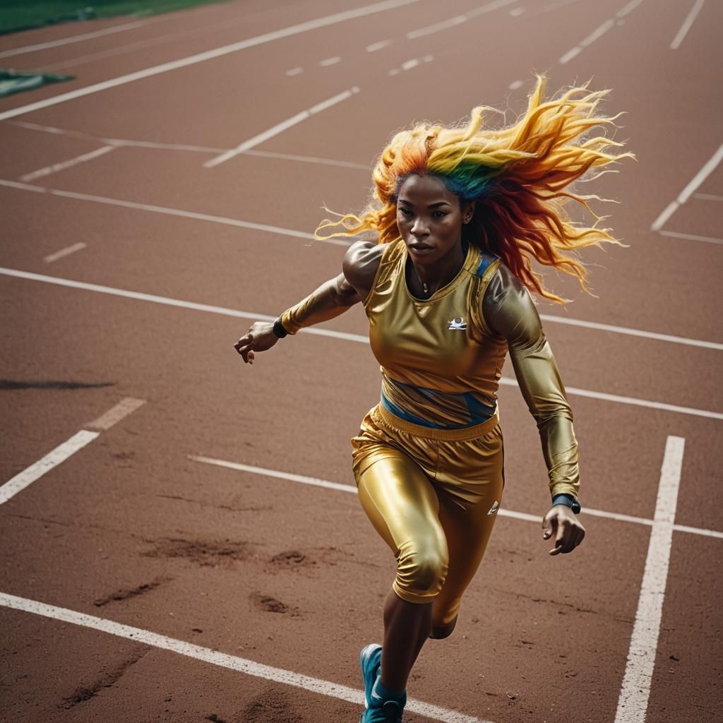 Rainbow Haired Sprinter in Golden Outfit: Cinematic Film Sti...
