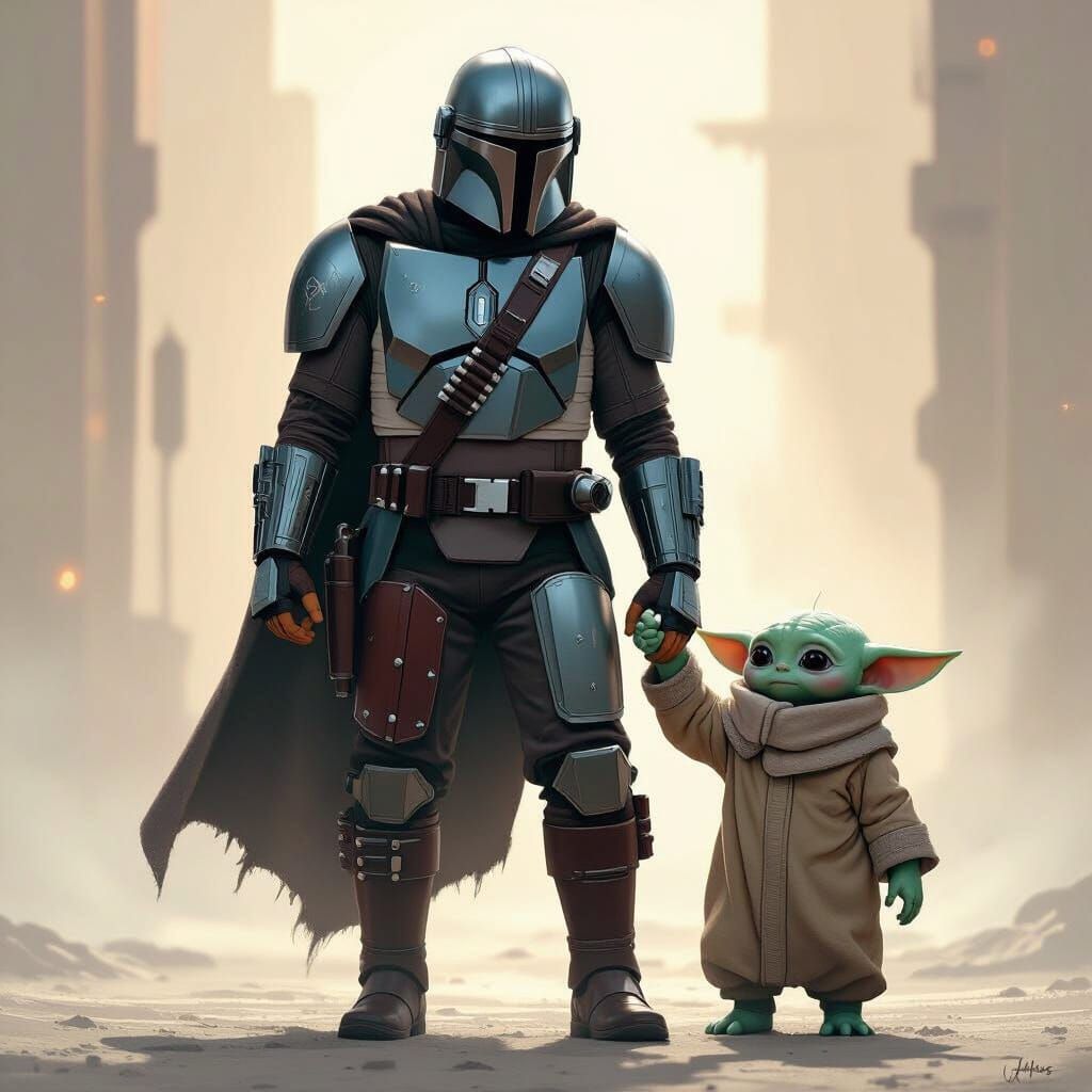 Mandalorian and Grogu in Cinematic Sci-Fi Style