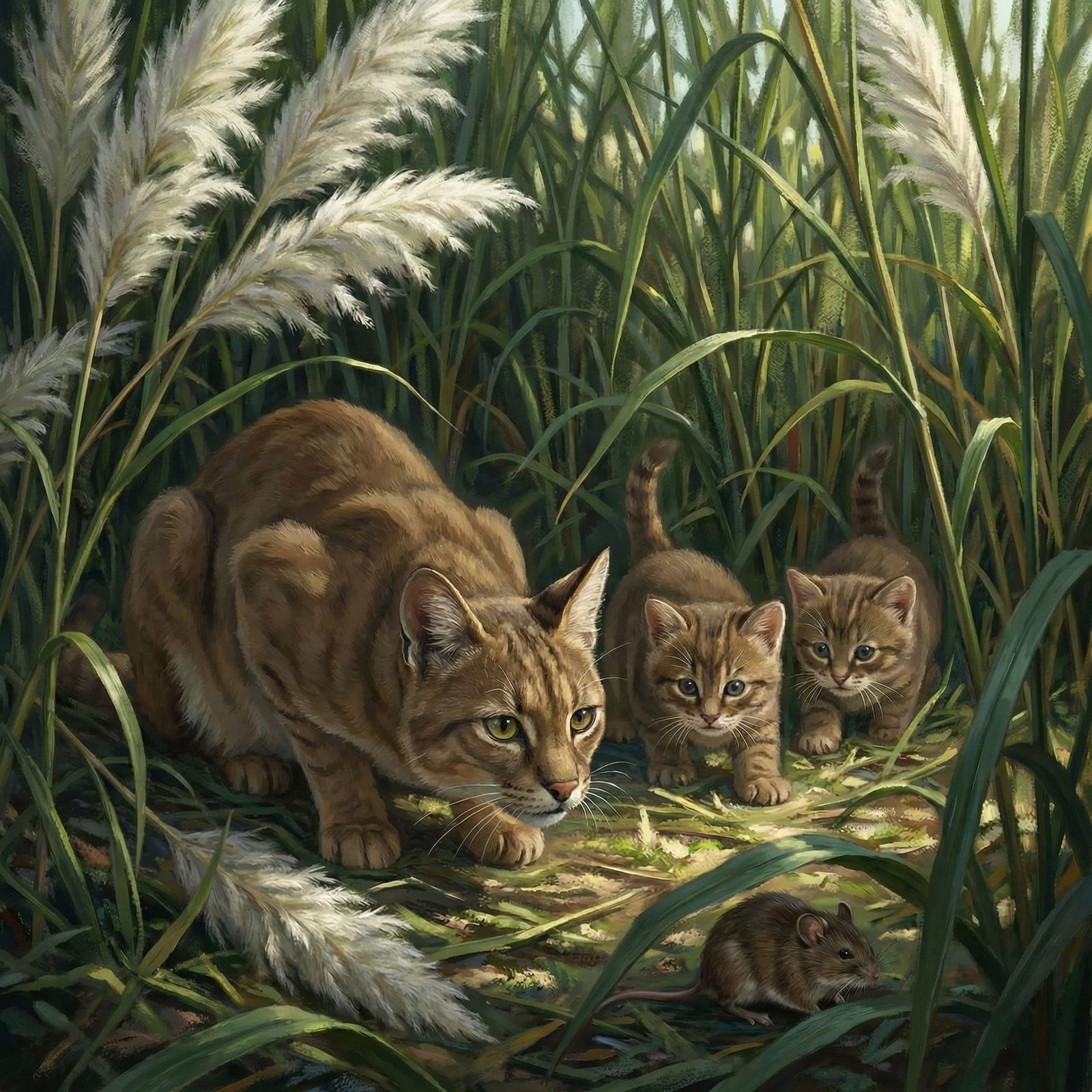 Jungle Cat Mother and Kittens Hunt in Lush Reed Bed