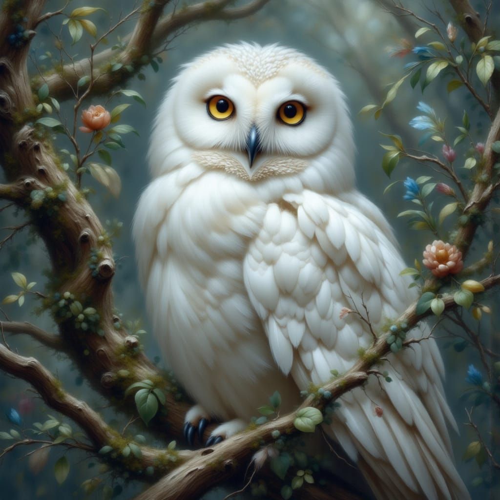 Majestic White Owl in Dreamy Ink Wash Style