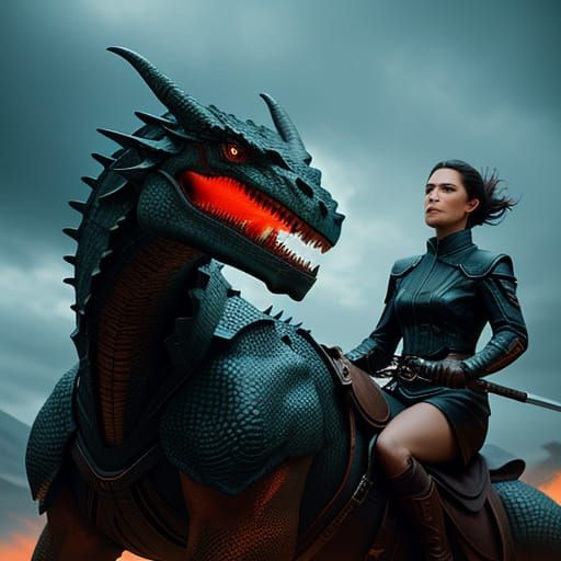 Woman Riding Dragon in Cinematic Film Still