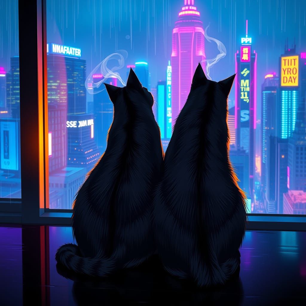 Cyberpunk Cats Bask in Neon-Lit Cityscape